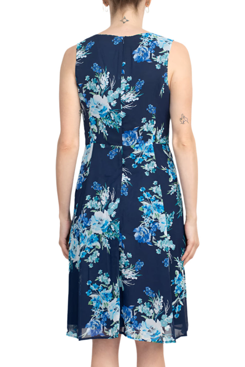 Studio One Scoop Neck Sleeveless A-Line Floral Print Chiffon Dress with 3/4 Sleeve Textured Bolero - BLUE MULTI - Back Without Jacket
