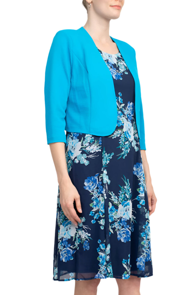 Studio One Scoop Neck Sleeveless A-Line Floral Print Chiffon Dress with 3/4 Sleeve Textured Bolero - BLUE MULTI - Side