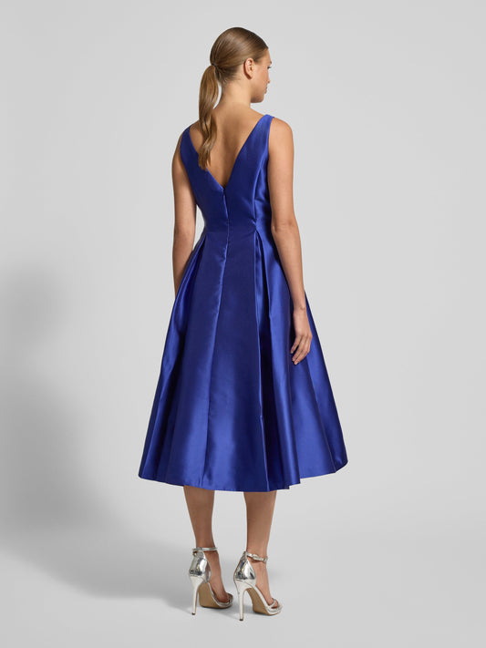 Bateau Midi Length Satin Twill Wedding Guest Dress with Pleated A Line Skirt and Pockets Adrianna Papell 41899070