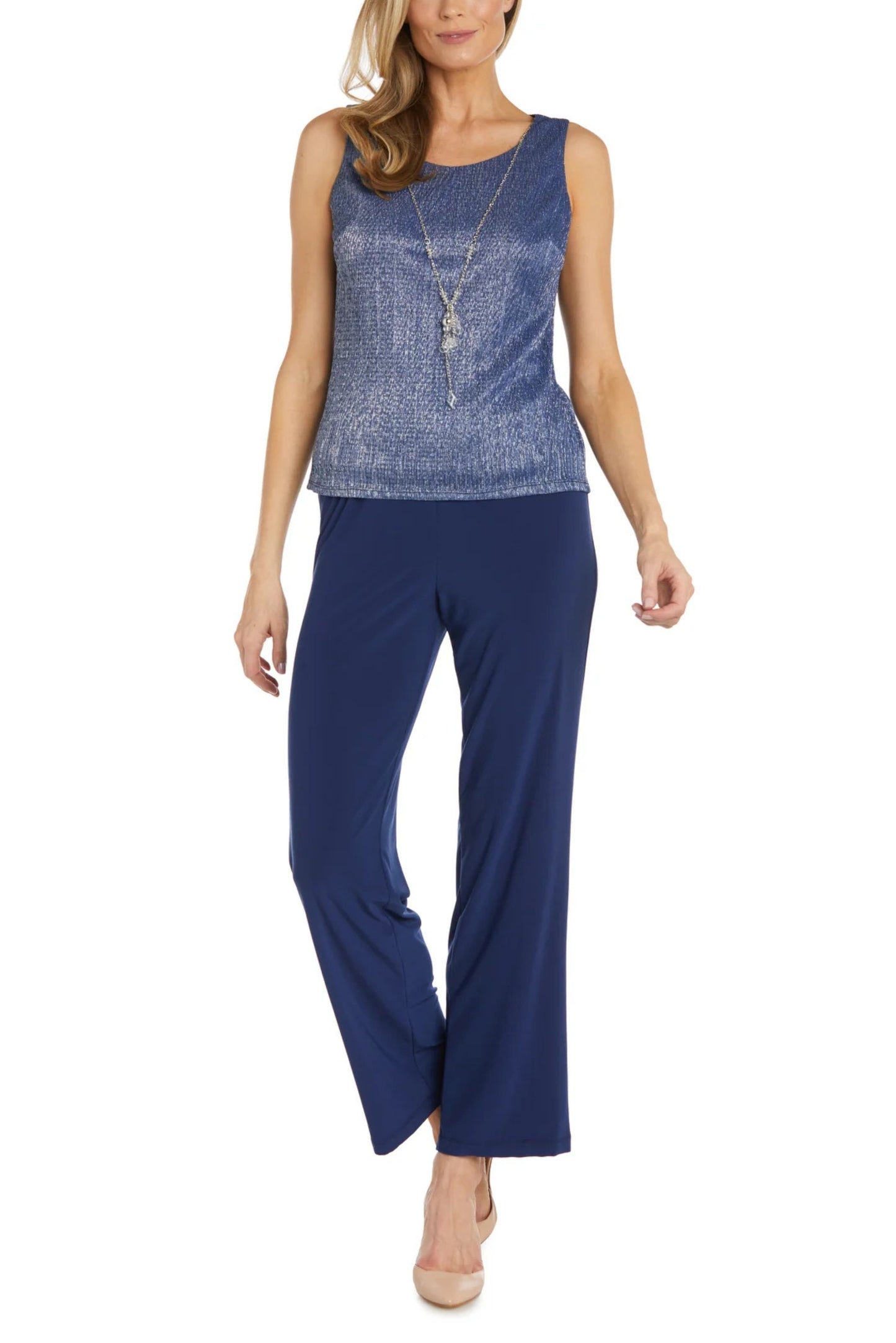 R&M Richards Scoop Neckline Top Three-Quarter Sleeves Jacket Straight Hemline Mid-Rise Elastic Waistband Pants Suit Dress - CADET - top view without jacket