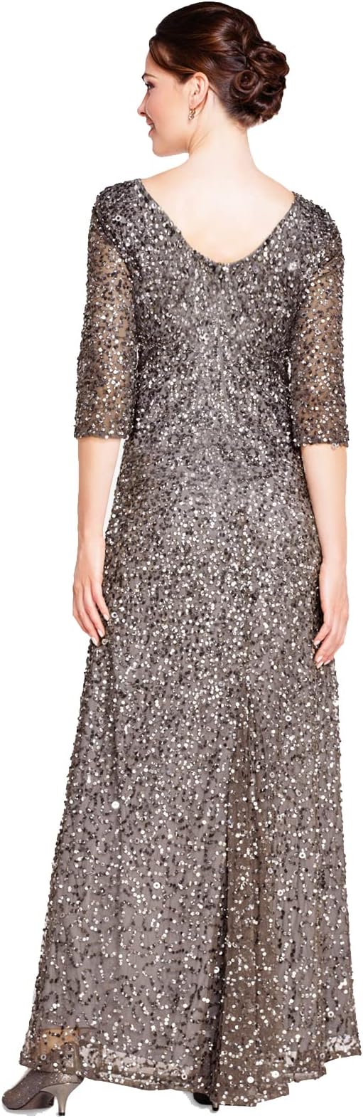 Scoop Neck Floor-Length Sequined Evening Gown with Quarter-Length Sleeves Formal Dress Adrianna Papell 91919970