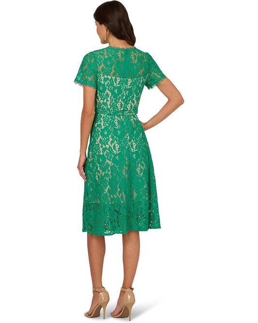 Scoop Neck Knee-Length Lace Gown with Belted Waist Cocktail Dress Adrianna Papell AP1D105764