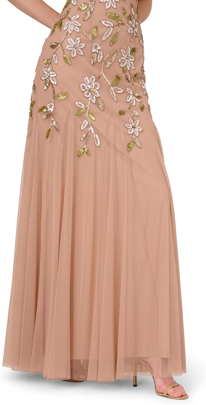 Crew/High-Neck Floor-Length Tulle Formal A-Line Adrianna Papell AP1E212960