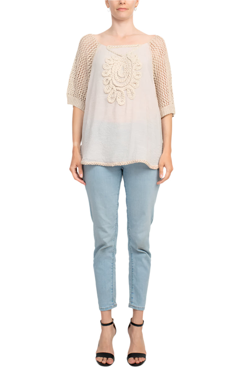 Alberto Makali Scoop Neck Short Sleeve Knit Top - KHAKI - front full view