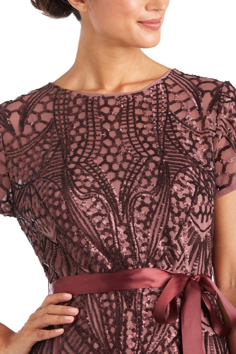 R&M Richards Round Neckline Short Sleeves Sating Waist Sash Mesh Godets Skirt Radiant Sequin Gown Dress - DARK ROSE - FABRIC