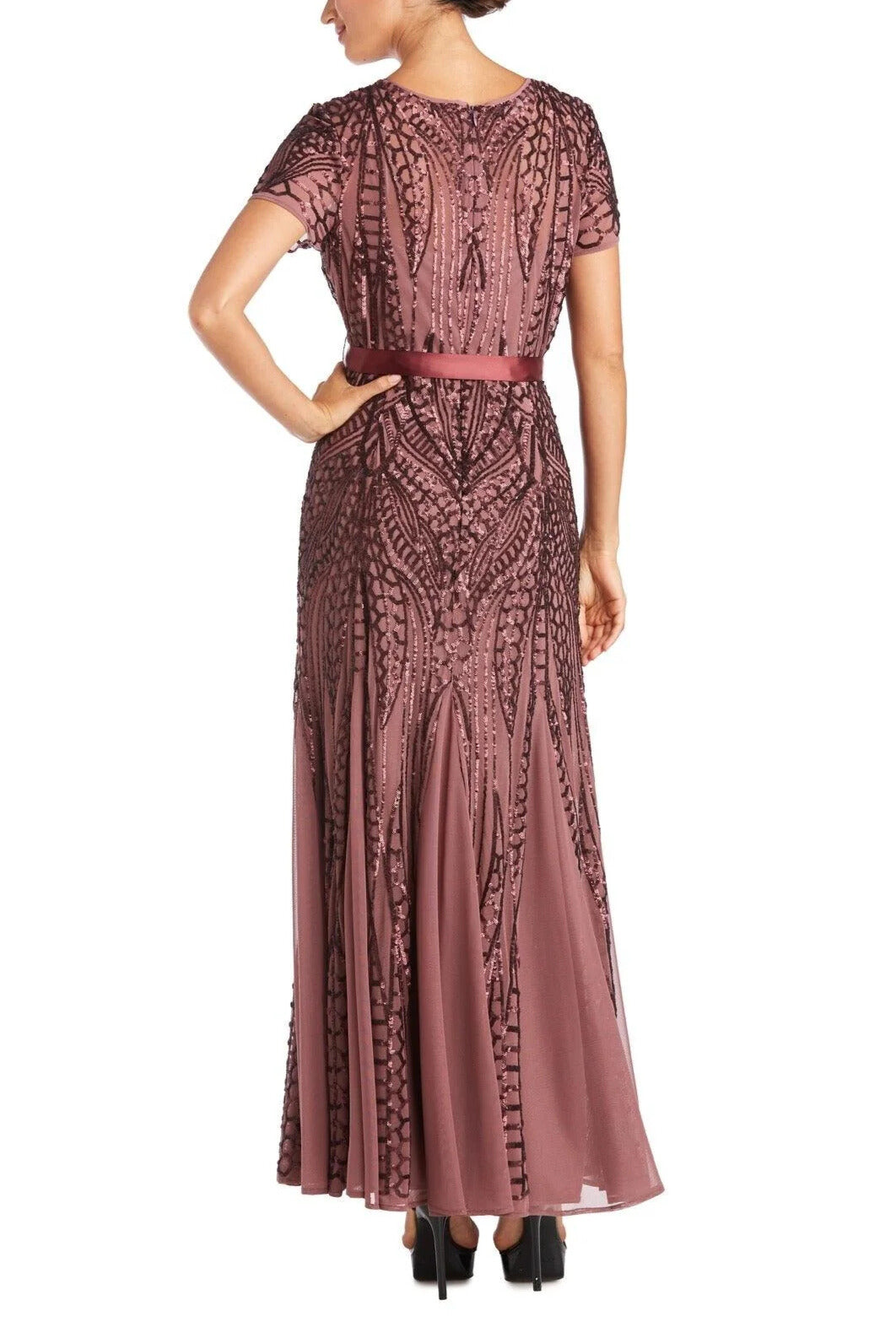 R&M Richards Round Neckline Short Sleeves Sating Waist Sash Mesh Godets Skirt Radiant Sequin Gown Dress - DARK ROSE - back