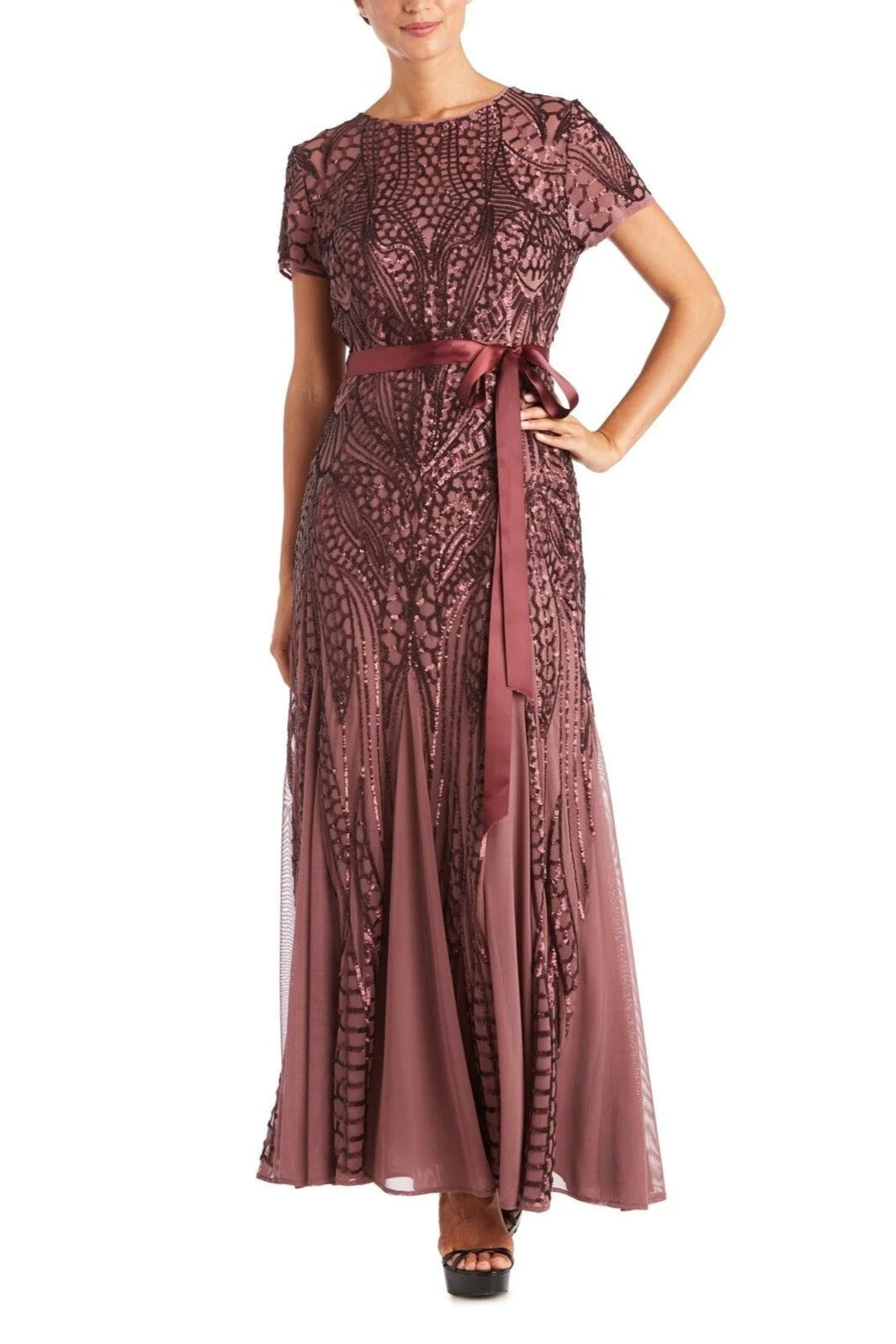 R&M Richards Round  Neckline Short Sleeves Sating Waist Sash Mesh Godets Skirt Radiant Sequin Gown Dress - DARK ROSE - front