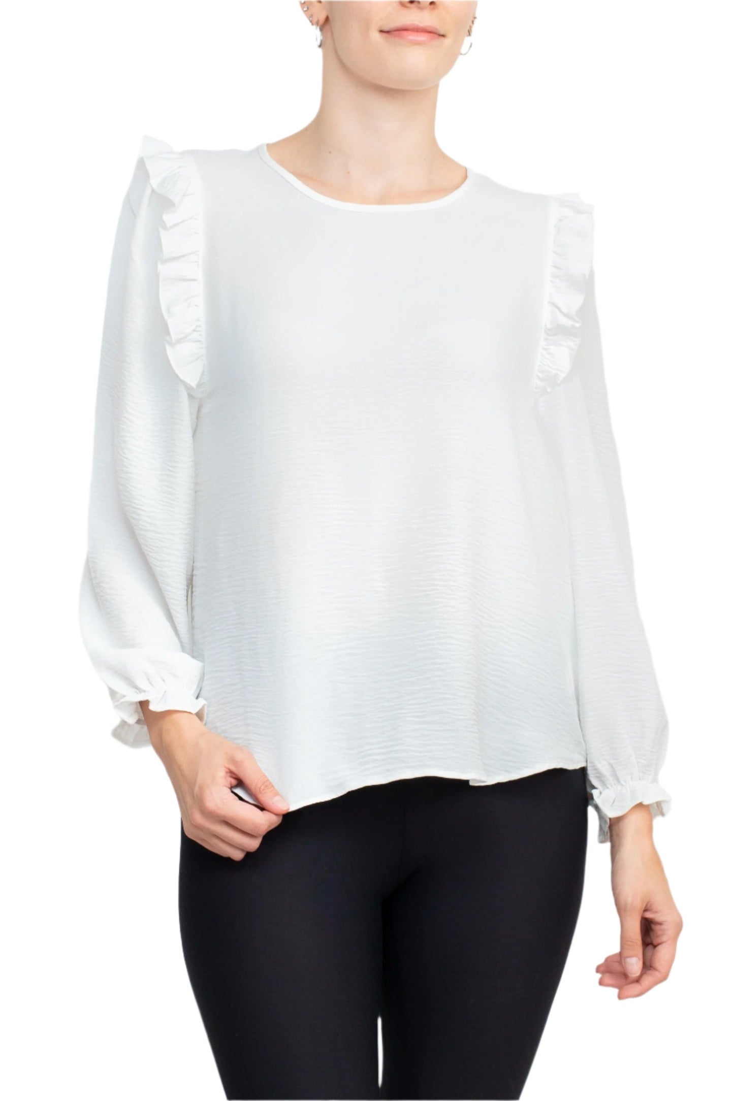 Counterparts Round Neck Bishop Long Sleeves Smocked Cuffs Crepe Top - IVORY - FRONT
