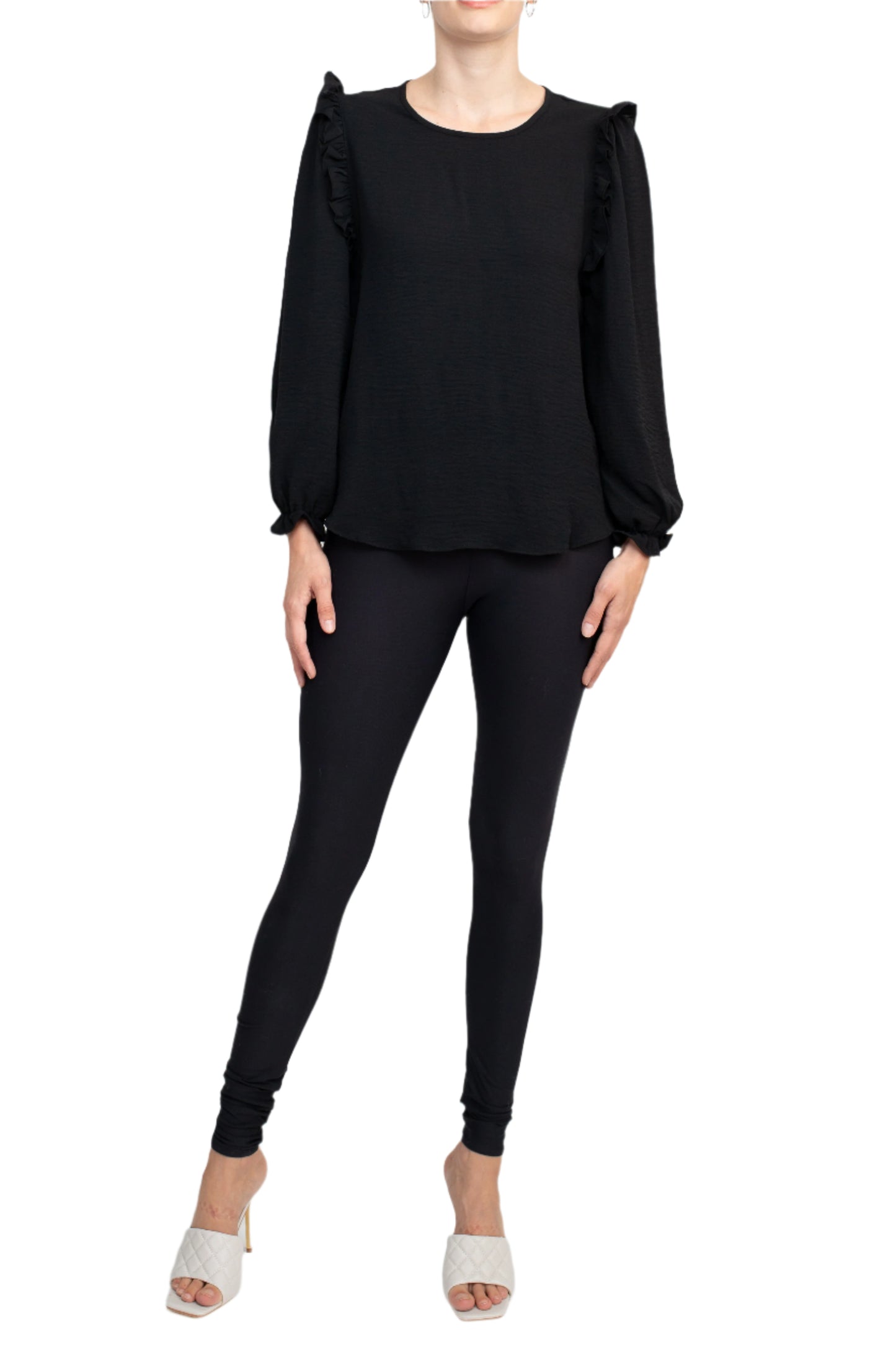Counterparts Round Neck Bishop Long Sleeves Smocked Cuffs Crepe Top - BLACK - FRONT FULL VIEW