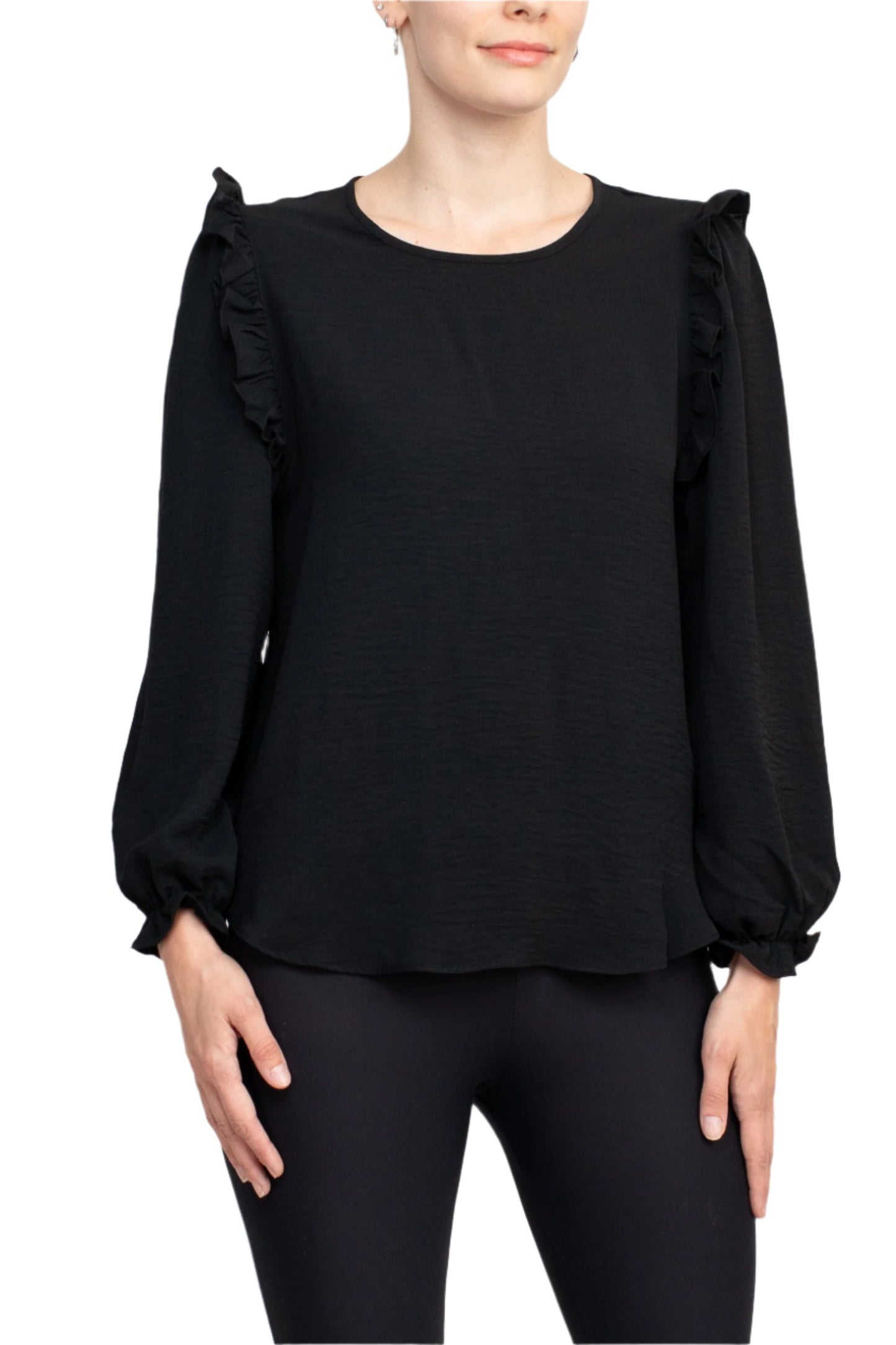 Counterparts Round Neck Bishop Long Sleeves Smocked Cuffs Crepe Top - BLACK - FRONT