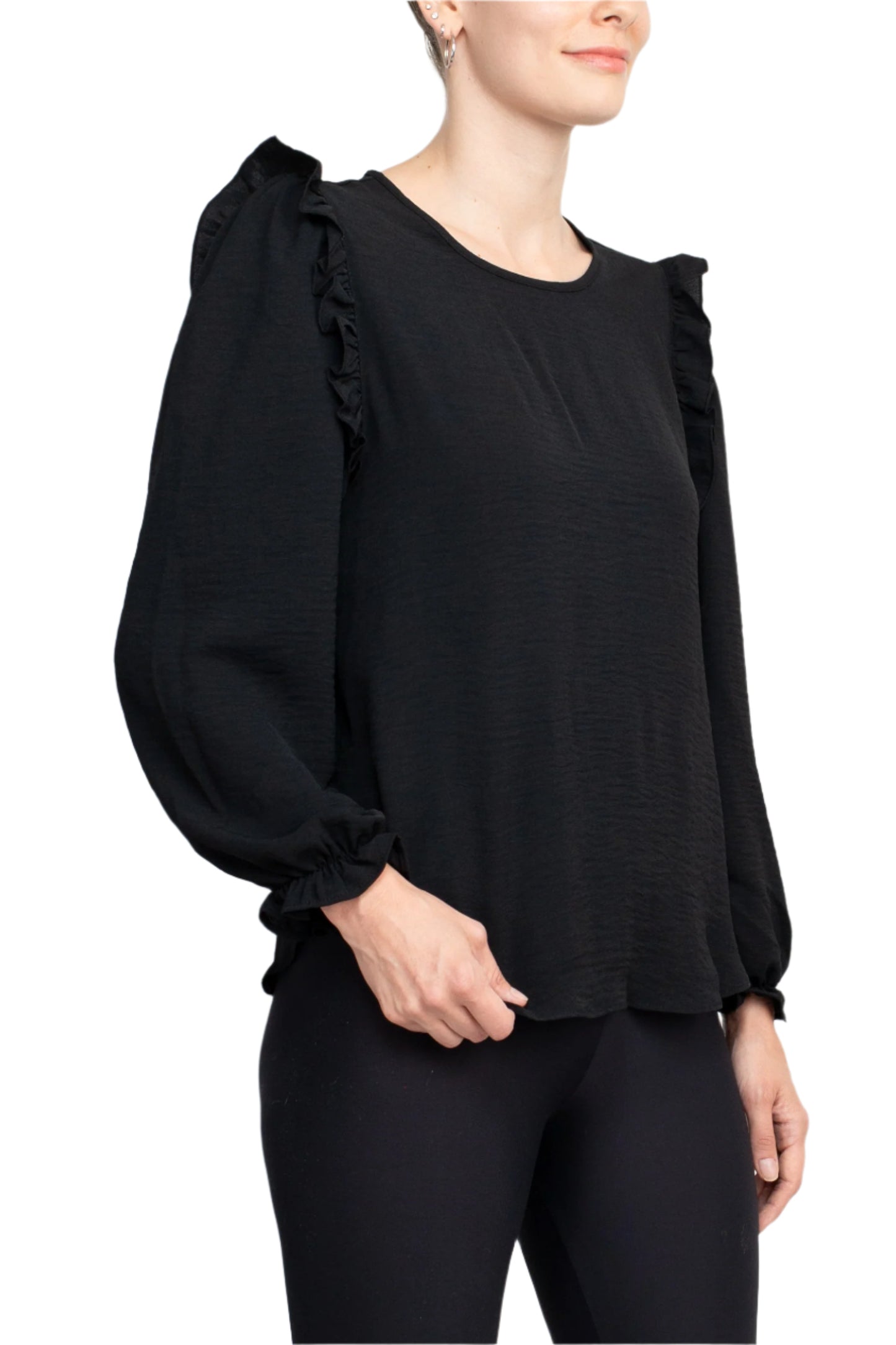 Counterparts Round Neck Bishop Long Sleeves Smocked Cuffs Crepe Top - BLACK - SIDE