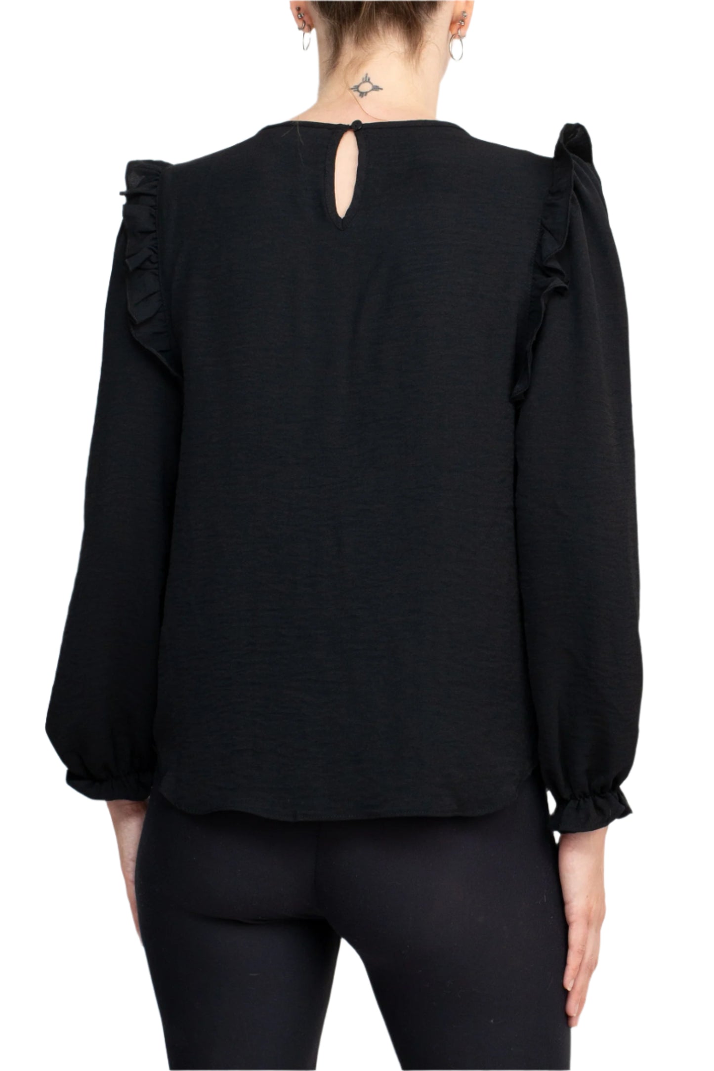 Counterparts Round Neck Bishop Long Sleeves Smocked Cuffs Crepe Top - BLACK - BACK