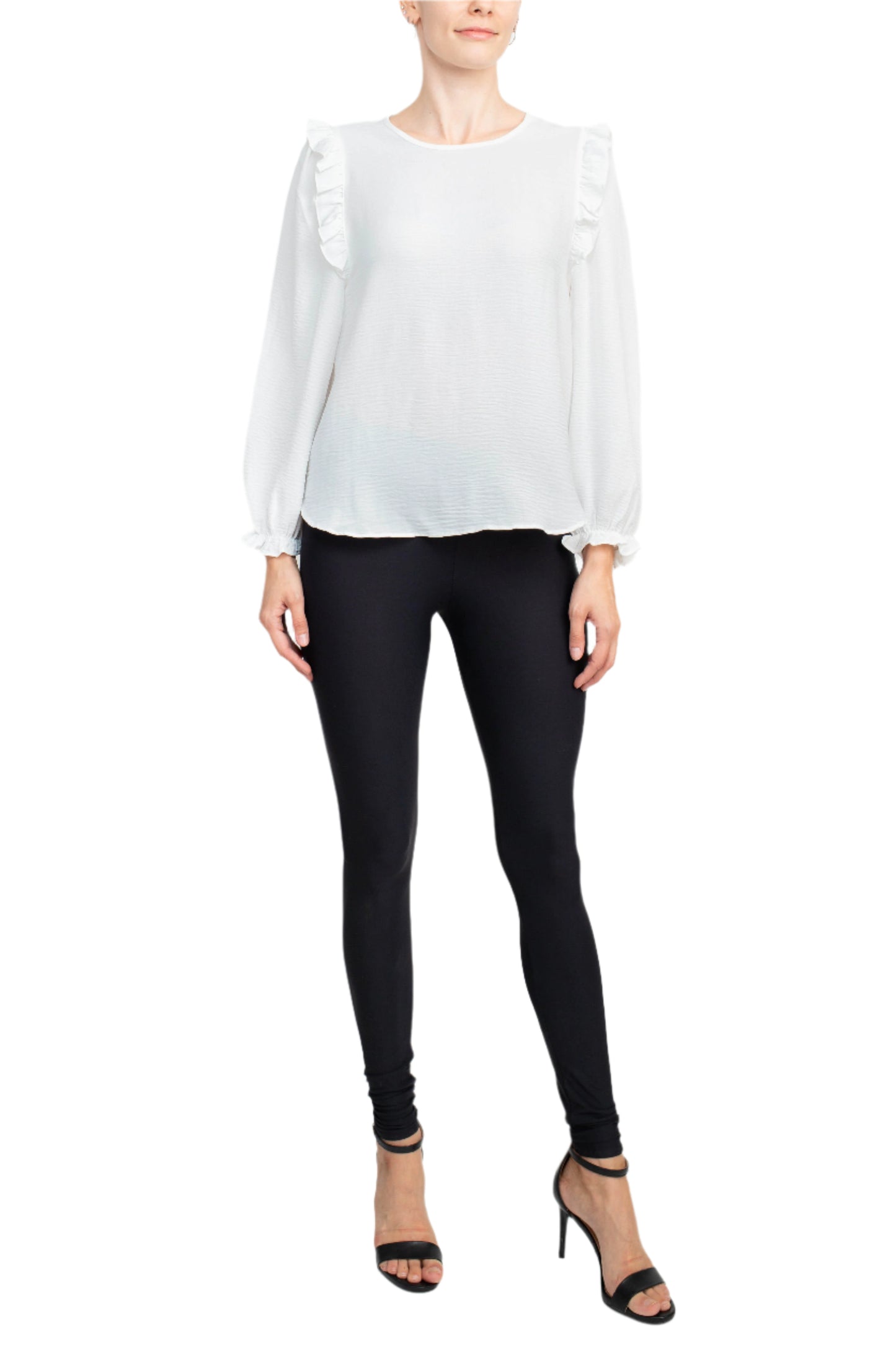Counterparts Round Neck Bishop Long Sleeves Smocked Cuffs Crepe Top - IVORY - FRONT FULL VIEW