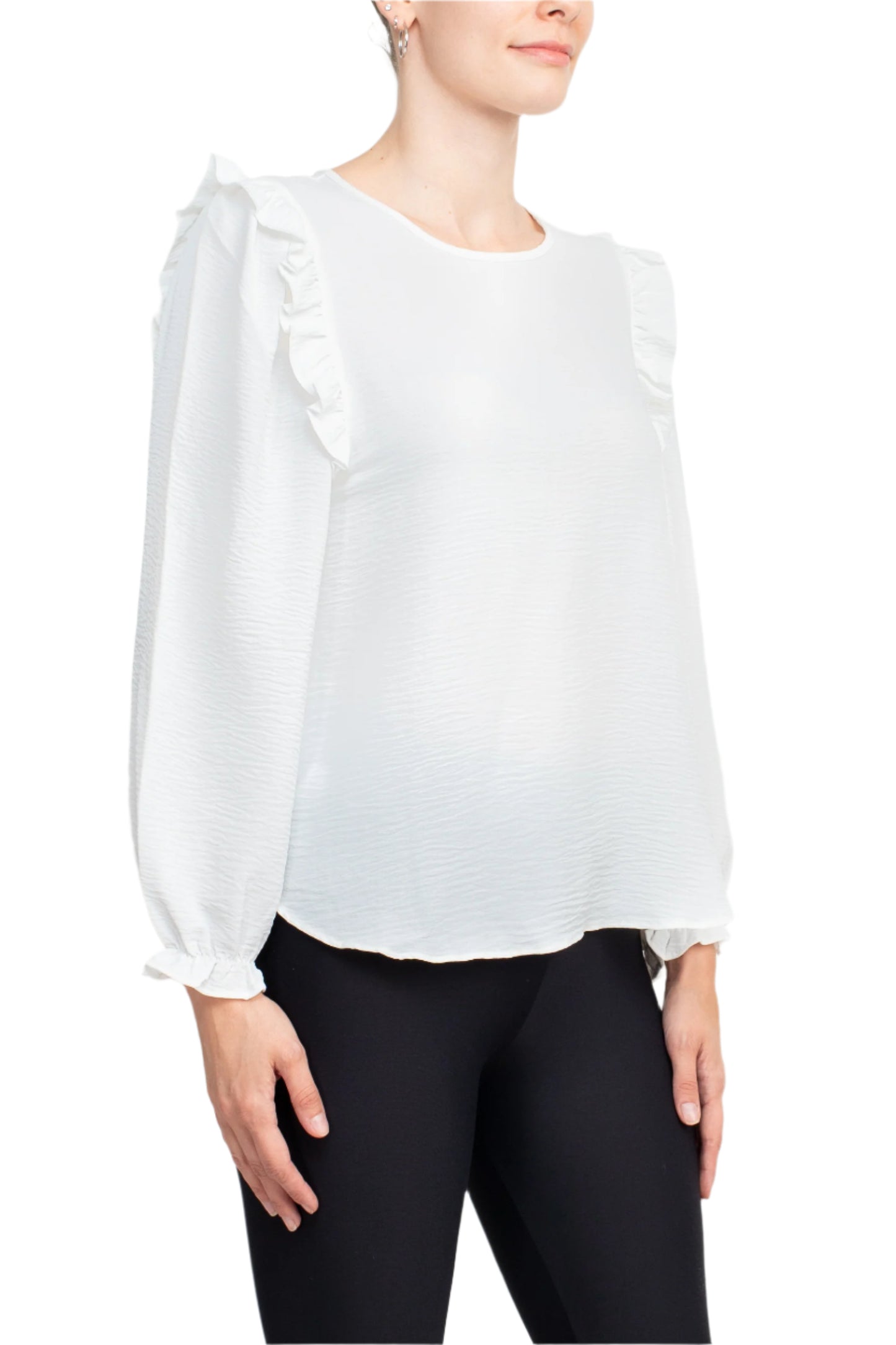 Counterparts Round Neck Bishop Long Sleeves Smocked Cuffs Crepe Top - IVORY - SIDE