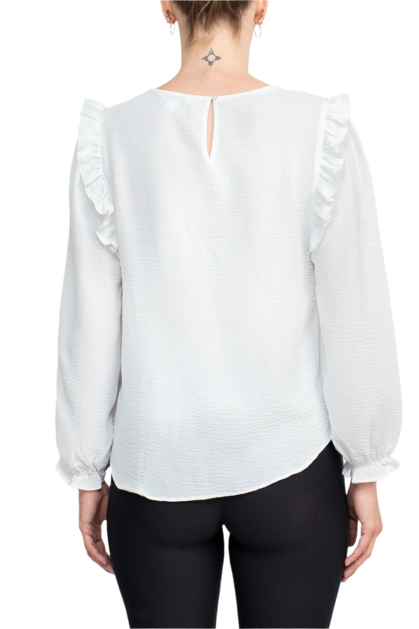 Counterparts Round Neck Bishop Long Sleeves Smocked Cuffs Crepe Top - IVORY - BACK
