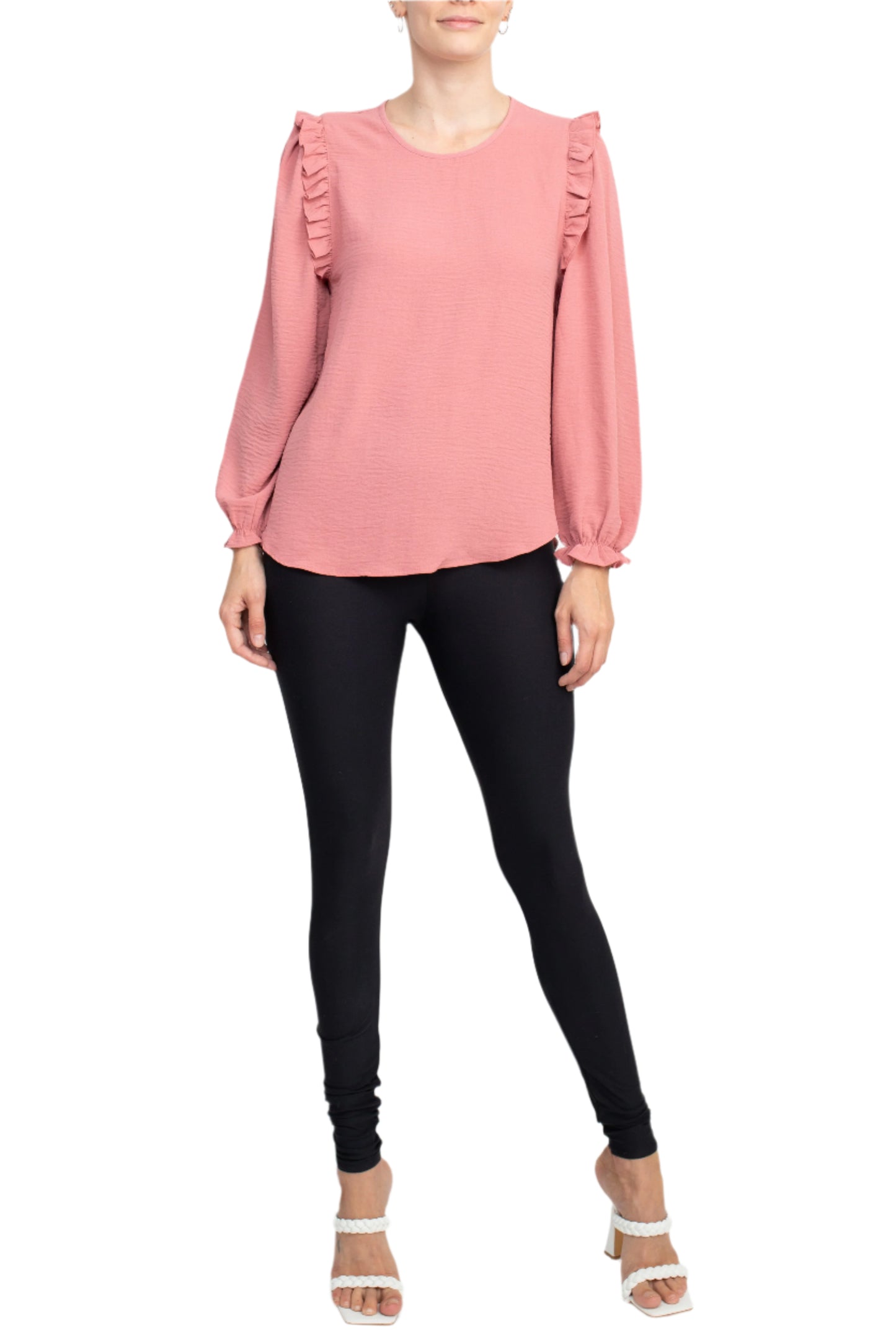 Counterparts Round Neck Bishop Long Sleeves Smocked Cuffs Crepe Top - SALMON - FRONT FULL VIEW