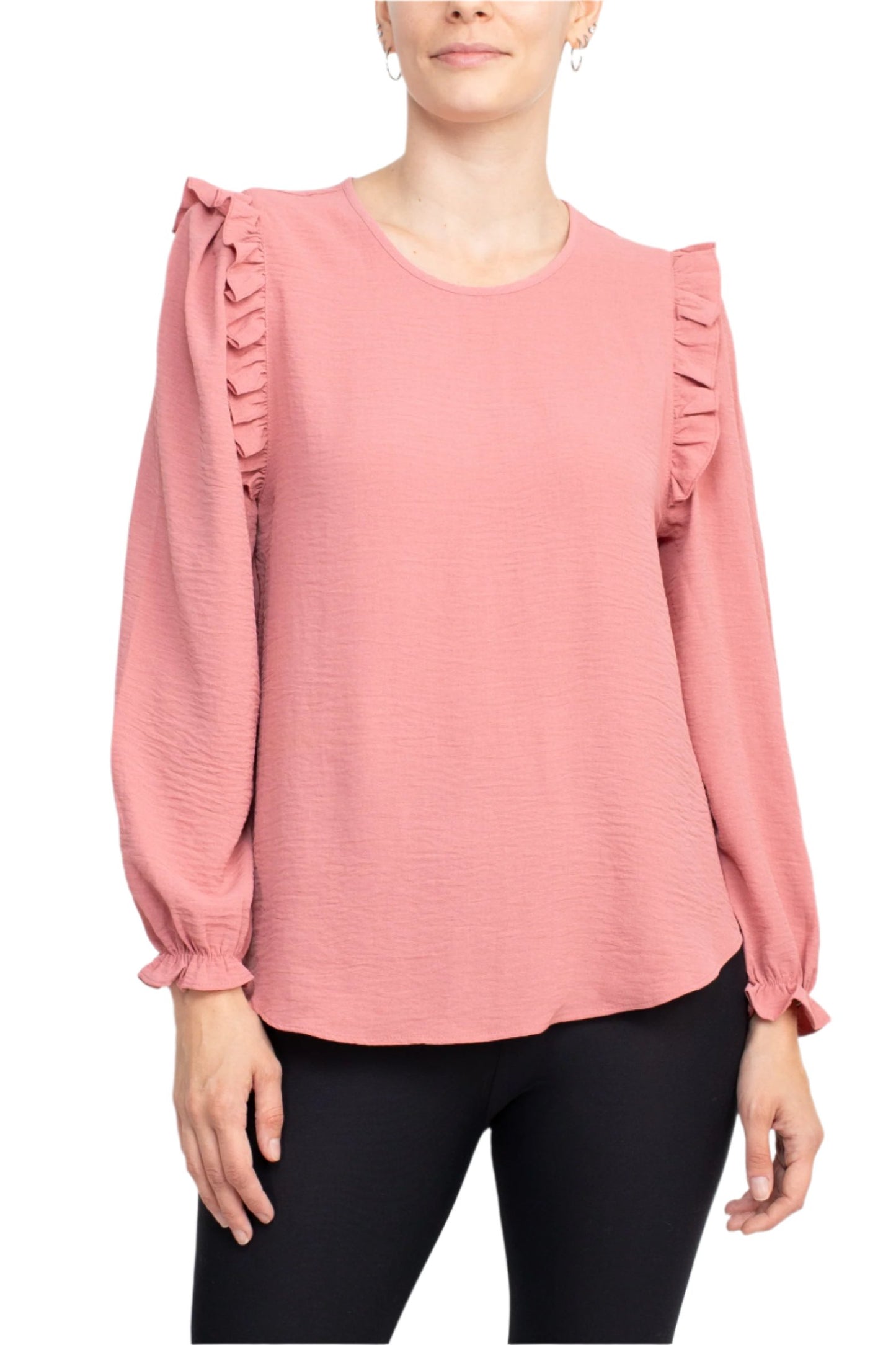 Counterparts Round Neck Bishop Long Sleeves Smocked Cuffs Crepe Top - SALMON - FRONT