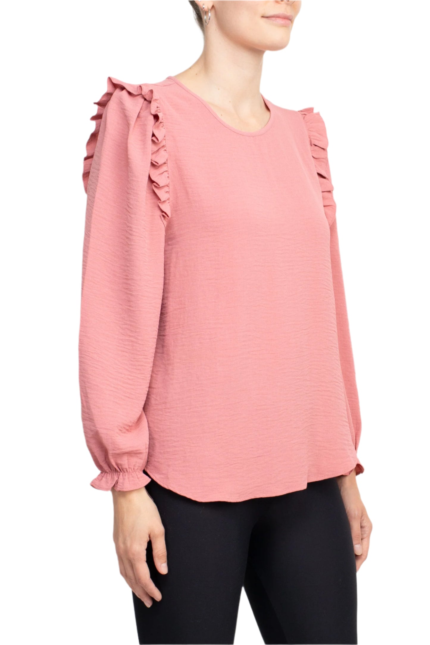Counterparts Round Neck Bishop Long Sleeves Smocked Cuffs Crepe Top - SALMON - SIDE