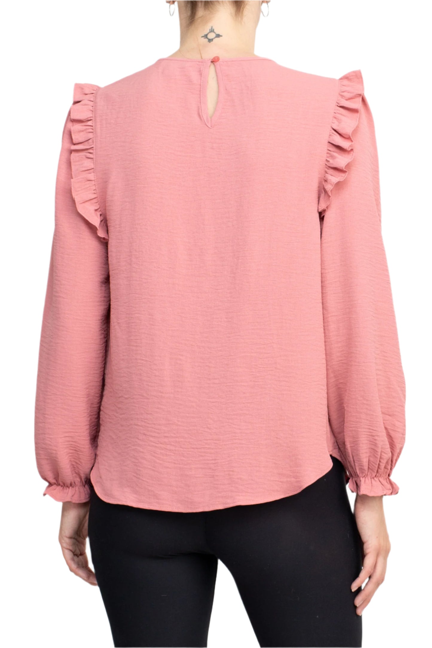 Counterparts Round Neck Bishop Long Sleeves Smocked Cuffs Crepe Top - SALMON - BACK