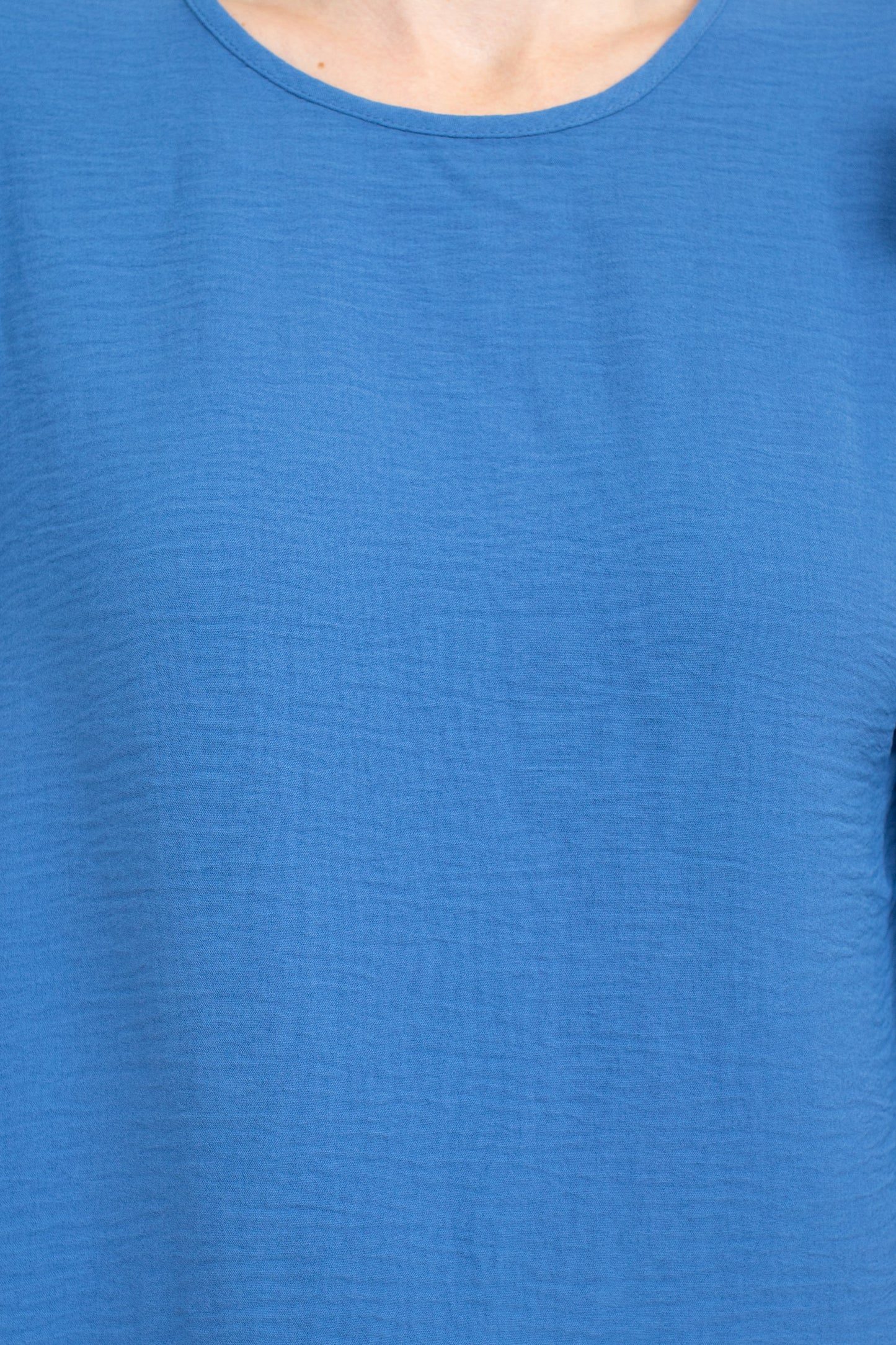Counterparts Round Neck Bishop Long Sleeves Smocked Cuffs Crepe Top - SHERPA BLUE - FABRIC