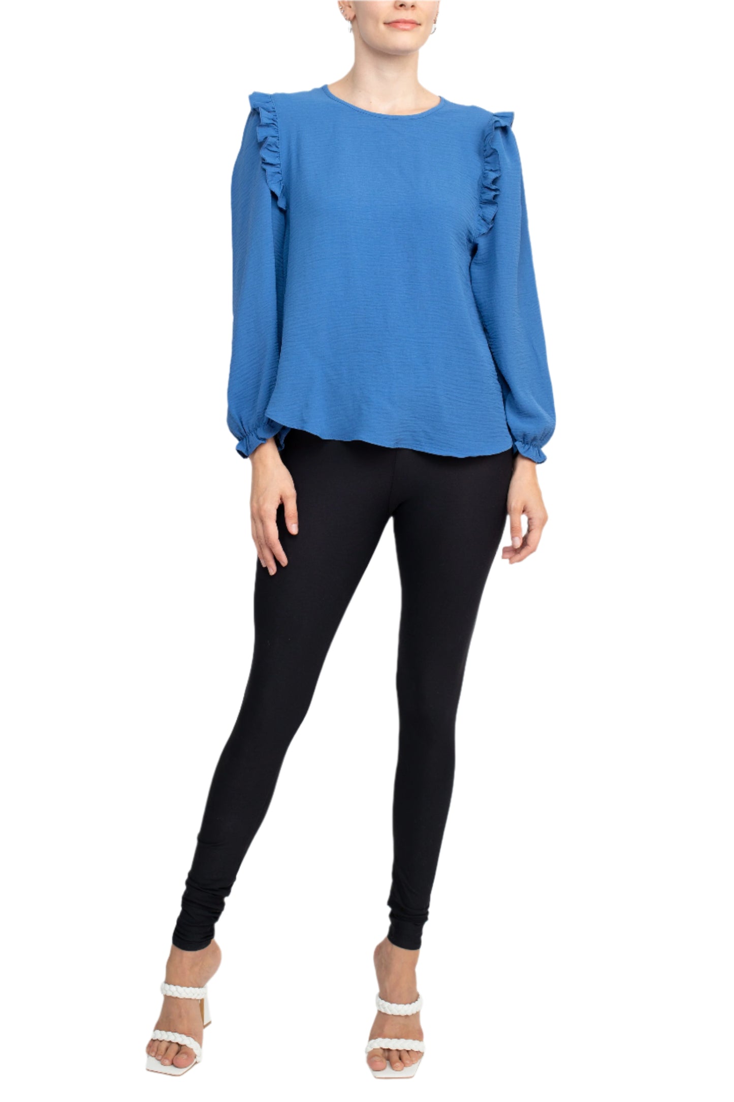Counterparts Round Neck Bishop Long Sleeves Smocked Cuffs Crepe Top - SHERPA BLUE - FRONT FULL VIEW