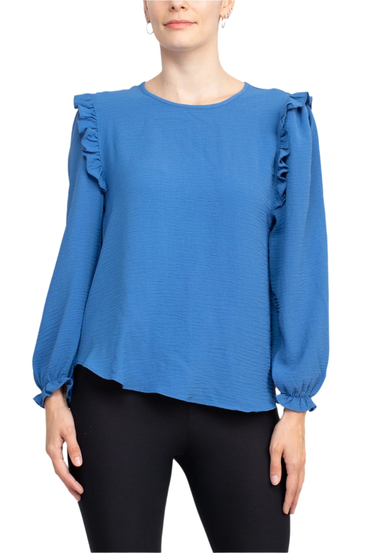 Counterparts Round Neck Bishop Long Sleeves Smocked Cuffs Crepe Top - SHERPA BLUE - front