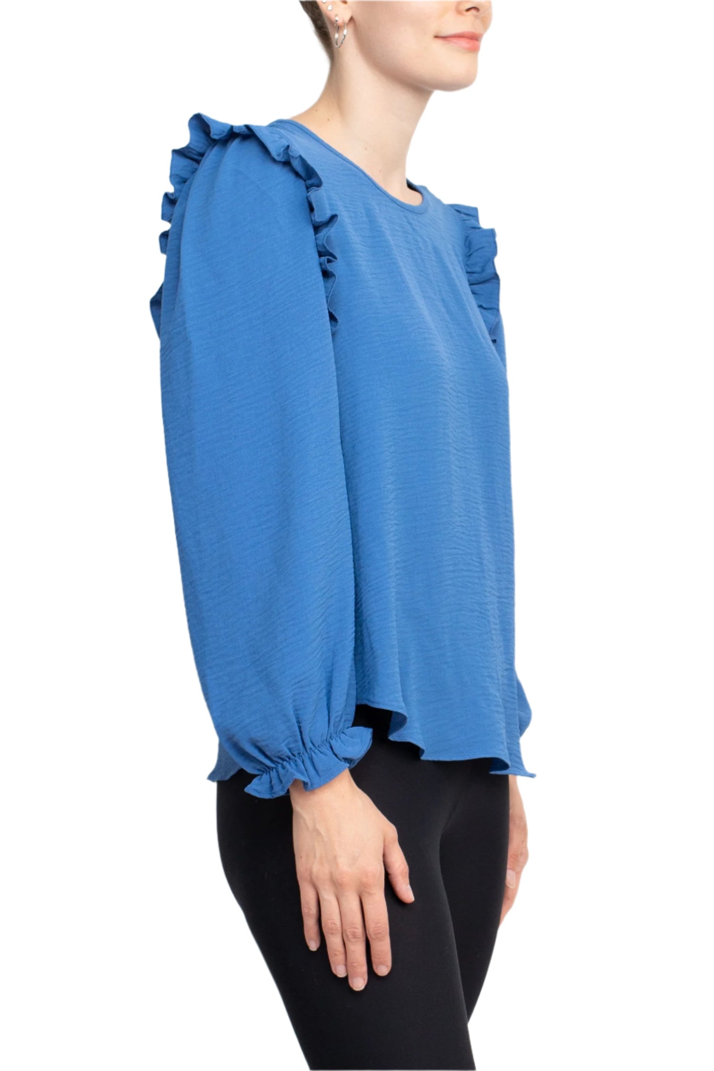 Counterparts Round Neck Bishop Long Sleeves Smocked Cuffs Crepe Top - SHERPA BLUE - SIDE