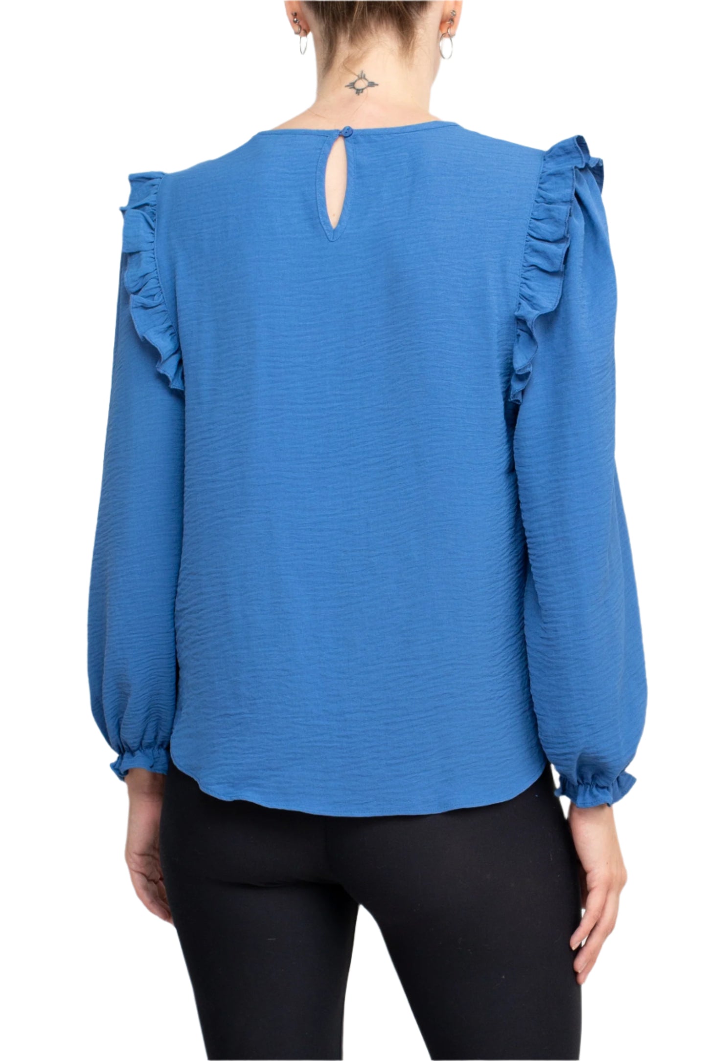 Counterparts Round Neck Bishop Long Sleeves Smocked Cuffs Crepe Top - SHERPA BLUE - BACK
