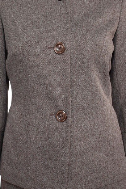 NYP Suits Crew Neck Long Sleeve 3 Button Pockets Zipper Back Slit Back Crepe Skirt Suit - CHESTNUT - Fabric