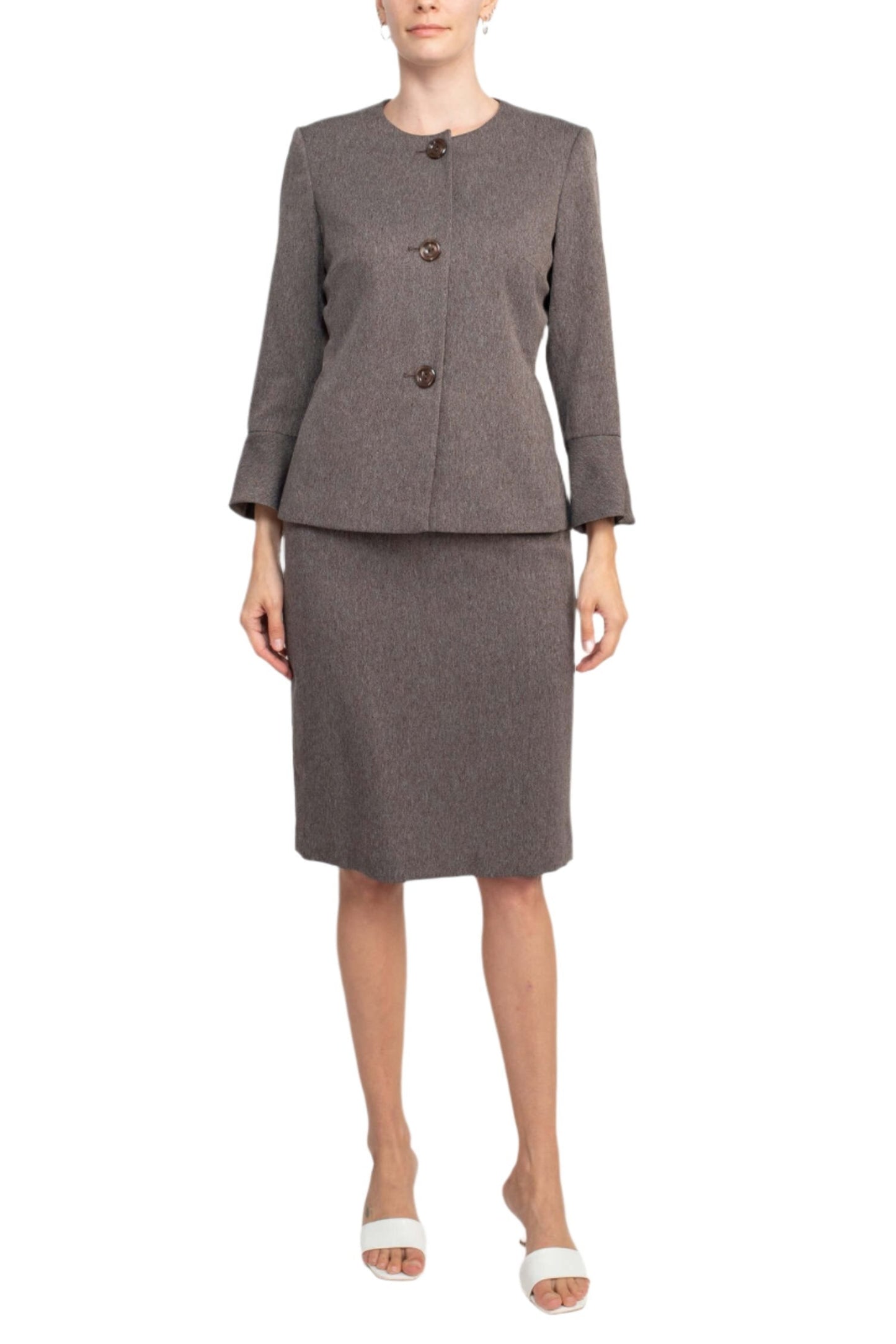 NYP Suits Crew Neck Long Sleeve 3 Button Pockets Zipper Back Slit Back Crepe Skirt Suit - CHESTNUT - Front