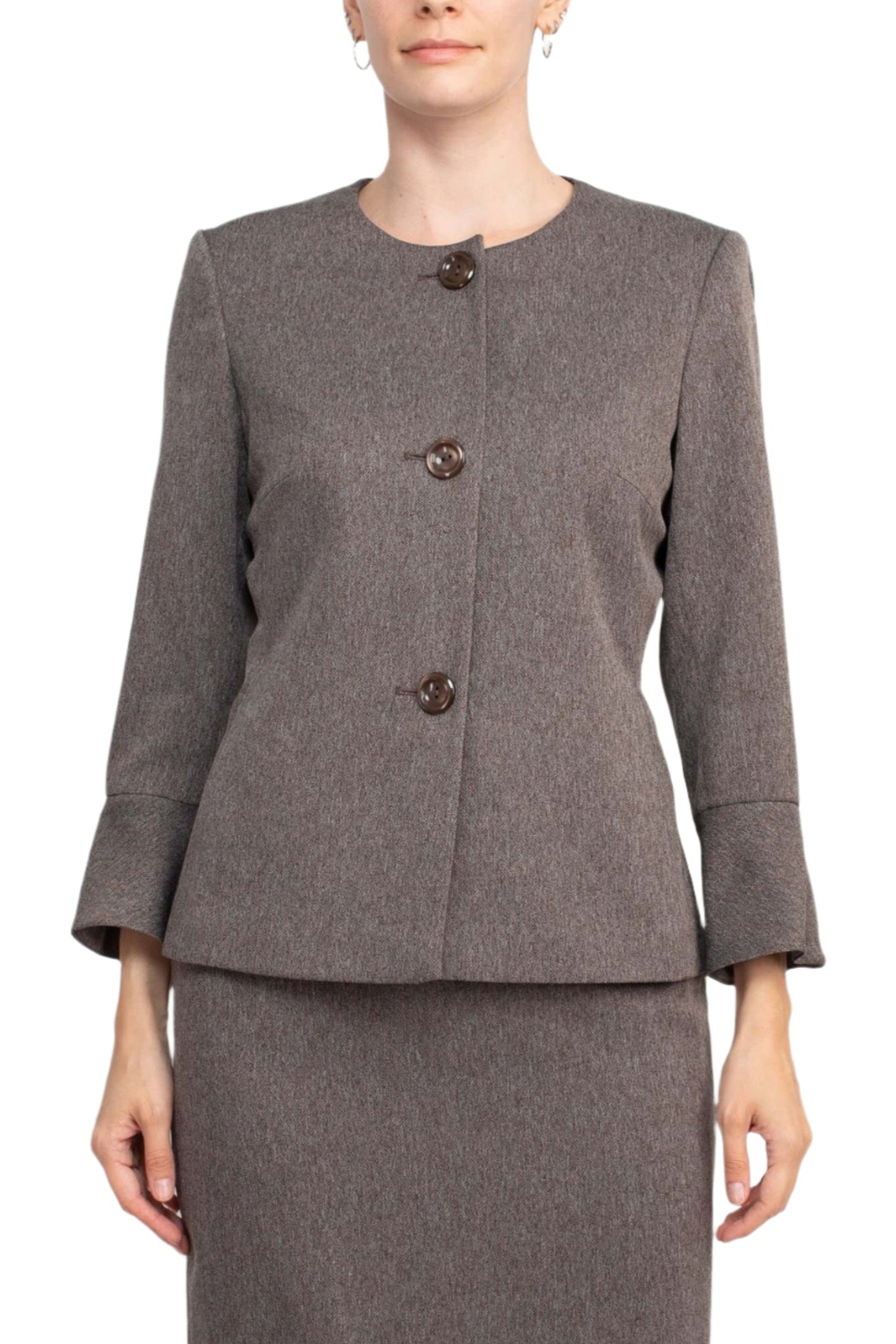 NYP Suits Crew Neck Long Sleeve 3 Button Pockets Zipper Back Slit Back Crepe Skirt Suit - CHESTNUT - Front View