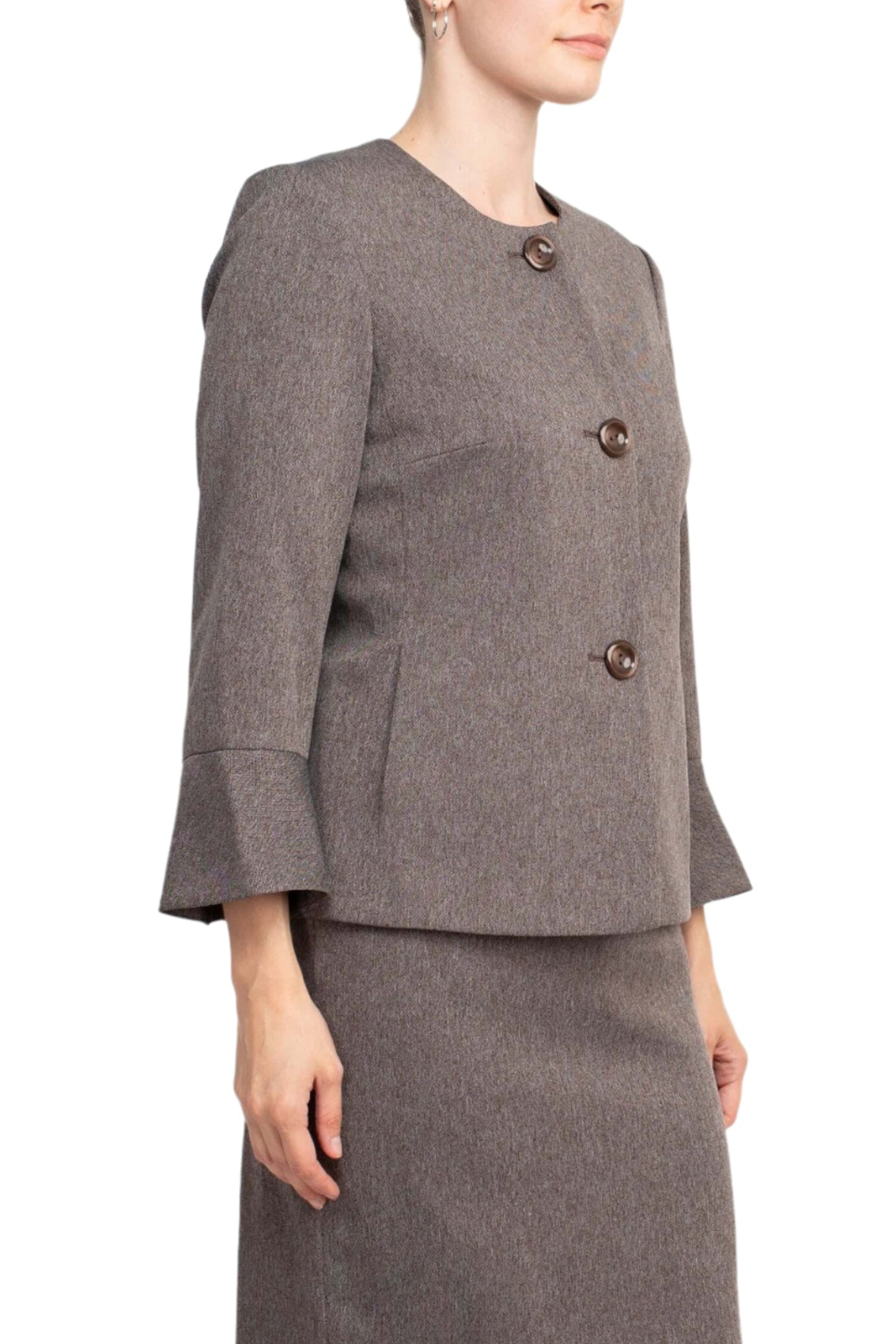 NYP Suits Crew Neck Long Sleeve 3 Button Pockets Zipper Back Slit Back Crepe Skirt Suit - CHESTNUT - Side