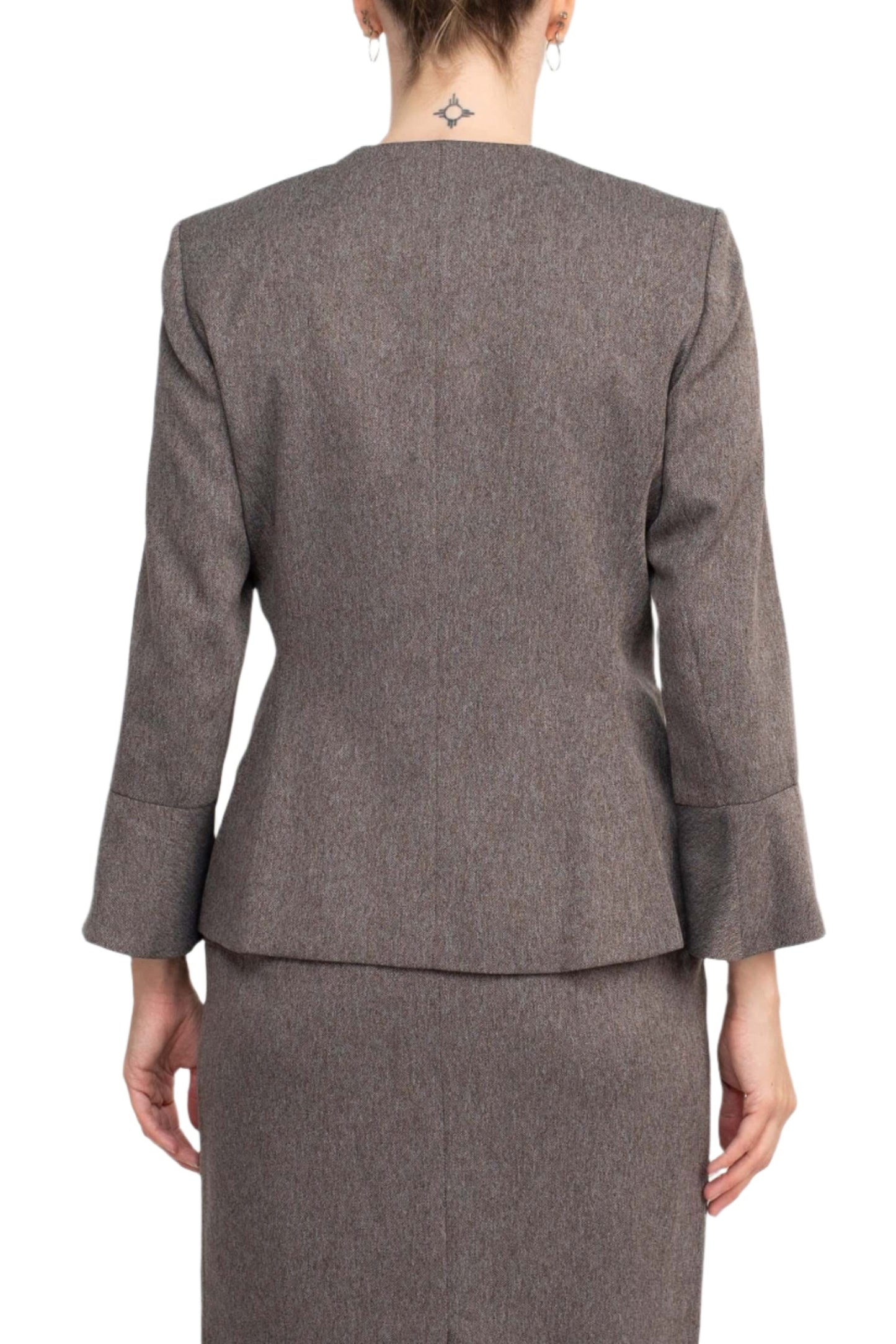 NYP Suits Crew Neck Long Sleeve 3 Button Pockets Zipper Back Slit Back Crepe Skirt Suit - CHESTNUT - Back
