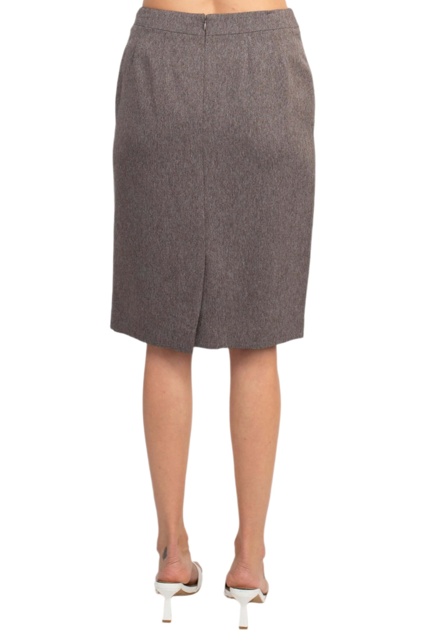 NYP Suits Crew Neck Long Sleeve 3 Button Pockets Zipper Back Slit Back Crepe Skirt Suit - CHESTNUT - Back