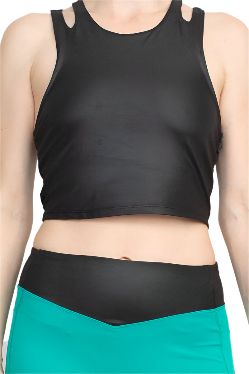 Activology Crew Neck Sleeveless Racerback High Shine Interlock Crop Top - BLACK - fabric