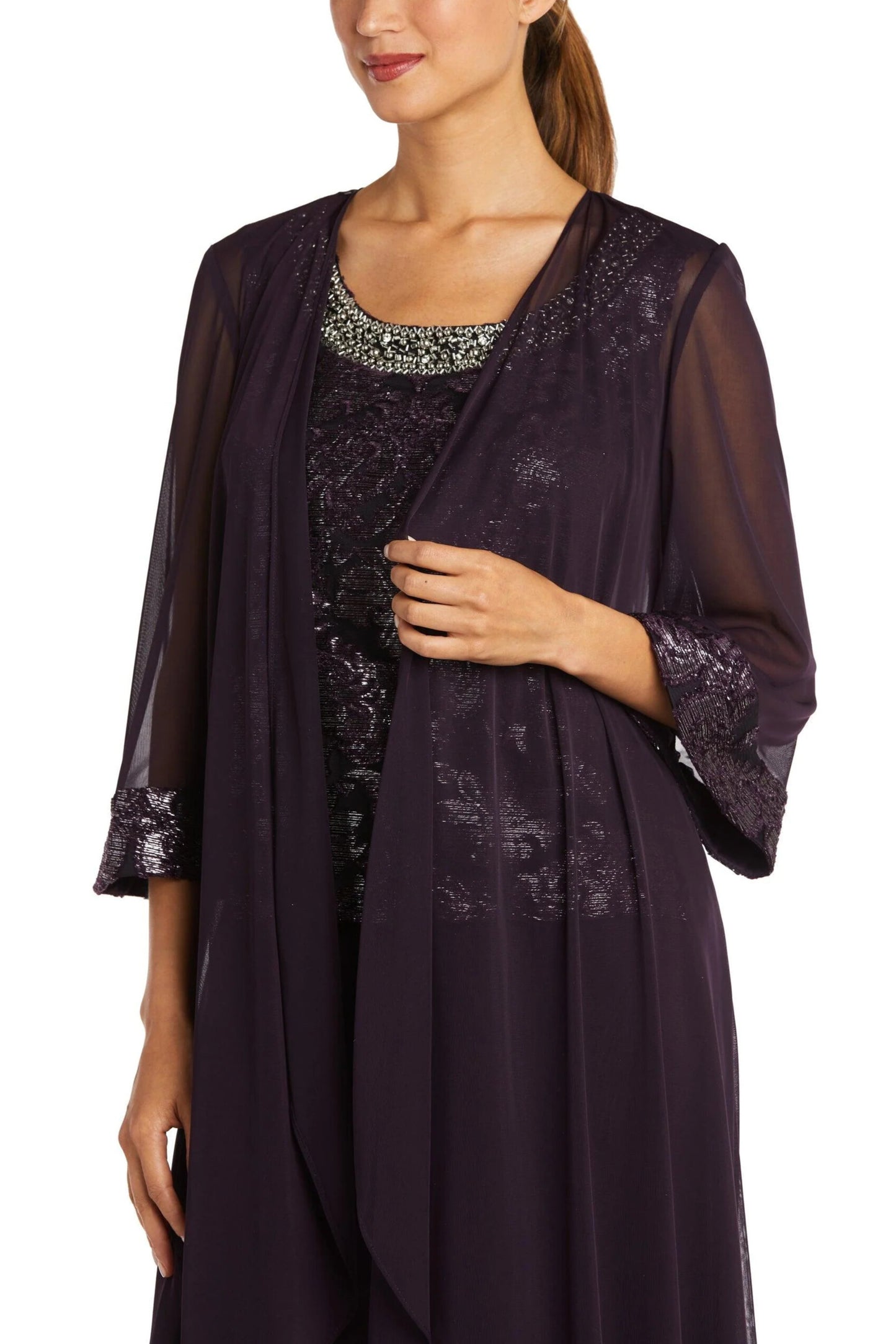 R&M Richards Formal Beaded Scoop Neckline Sleeveless Top with Three-Quarter Sleeves Sheer Jacket Duster Pant Suit (Plus Size) - EGG PLANT - FABRIC