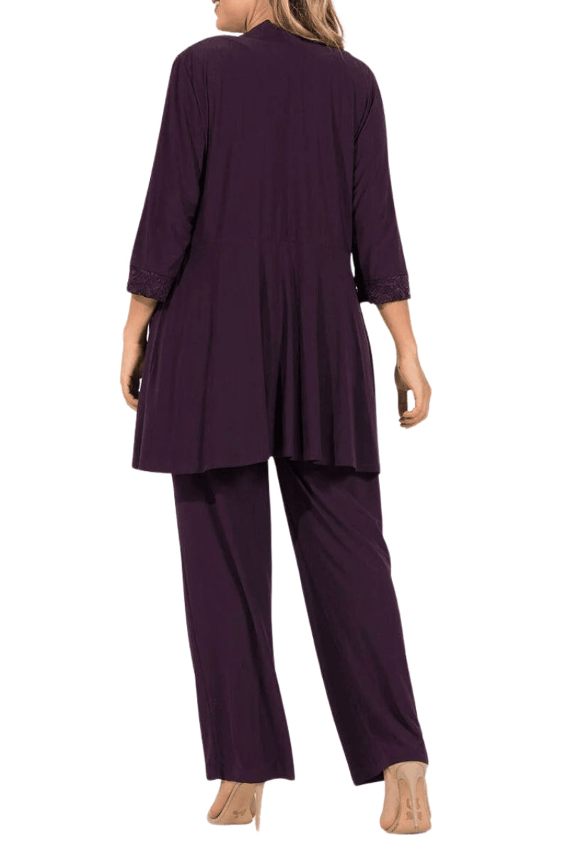 R&M Richards Sleeveless Laced Scoop Neckline Blouse Top Pleated Sequin Open Jacket Straight Leg Relaxed Trouser Pants Suit Dress (Plus Size) - PLUM - Back