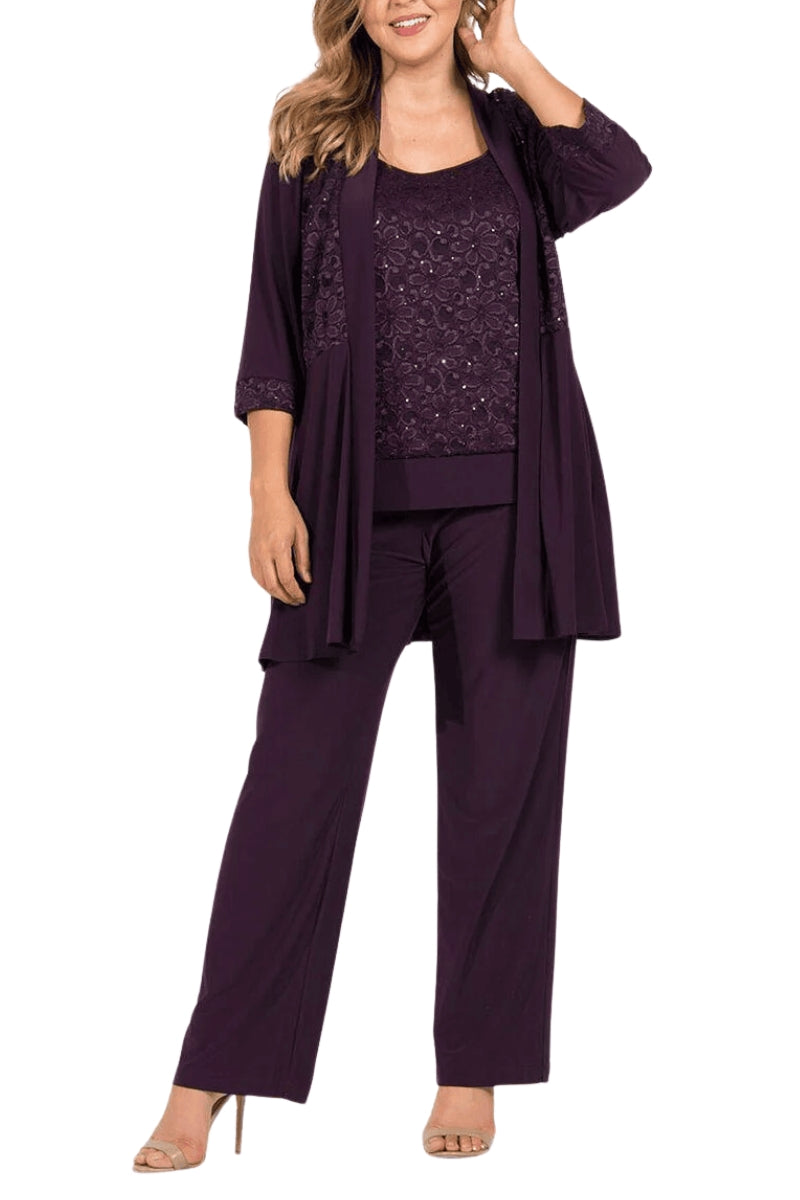 R&M Richards Sleeveless Laced Scoop Neckline Blouse Top Pleated Sequin Open Jacket Straight Leg Relaxed Trouser Pants Suit Dress (Plus Size) - PLUM - Front