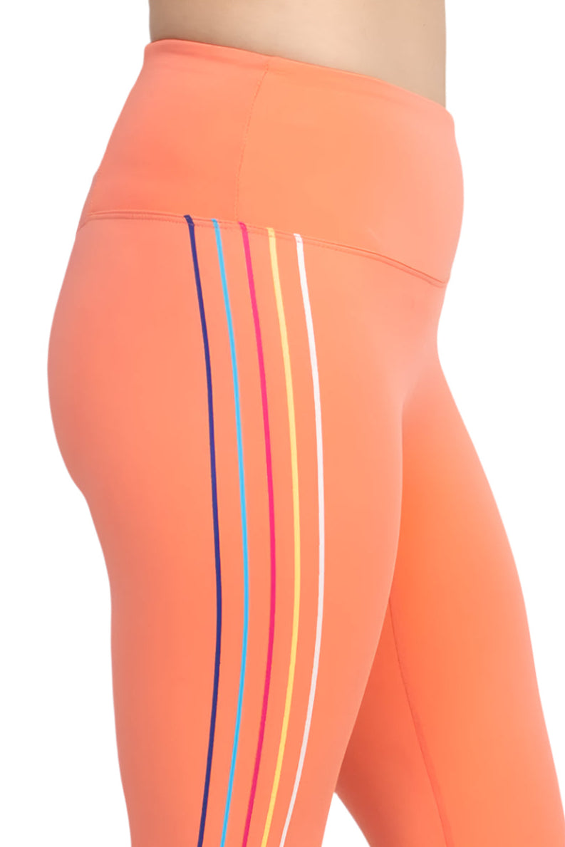 Activology Mid Waist Banded Rubber Rainbow Strip 7/8 Interlock Legging - FUSION CORAL - Fabric
