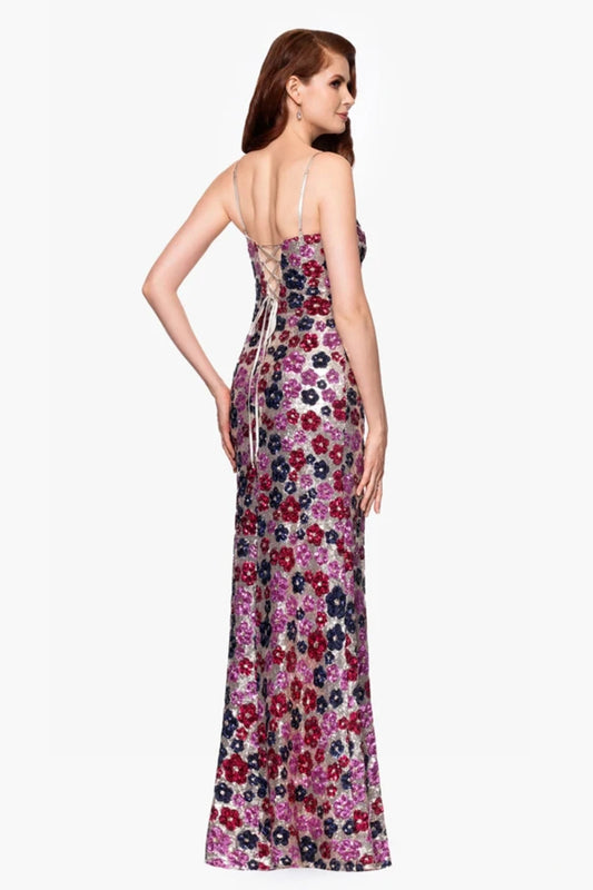Nude/Navy/Pink Floral Sequin Maxi Dress High Slit Betsy & Adam A27018