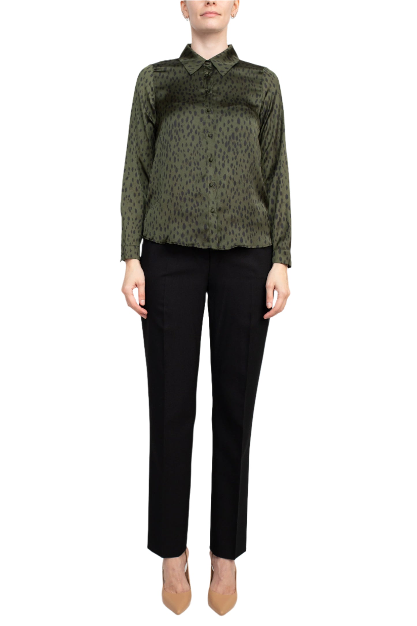 Truth Collar Neck Long Sleeve Front Button Detail Blouse - OLIVE GREEN CHEETAH - front full view