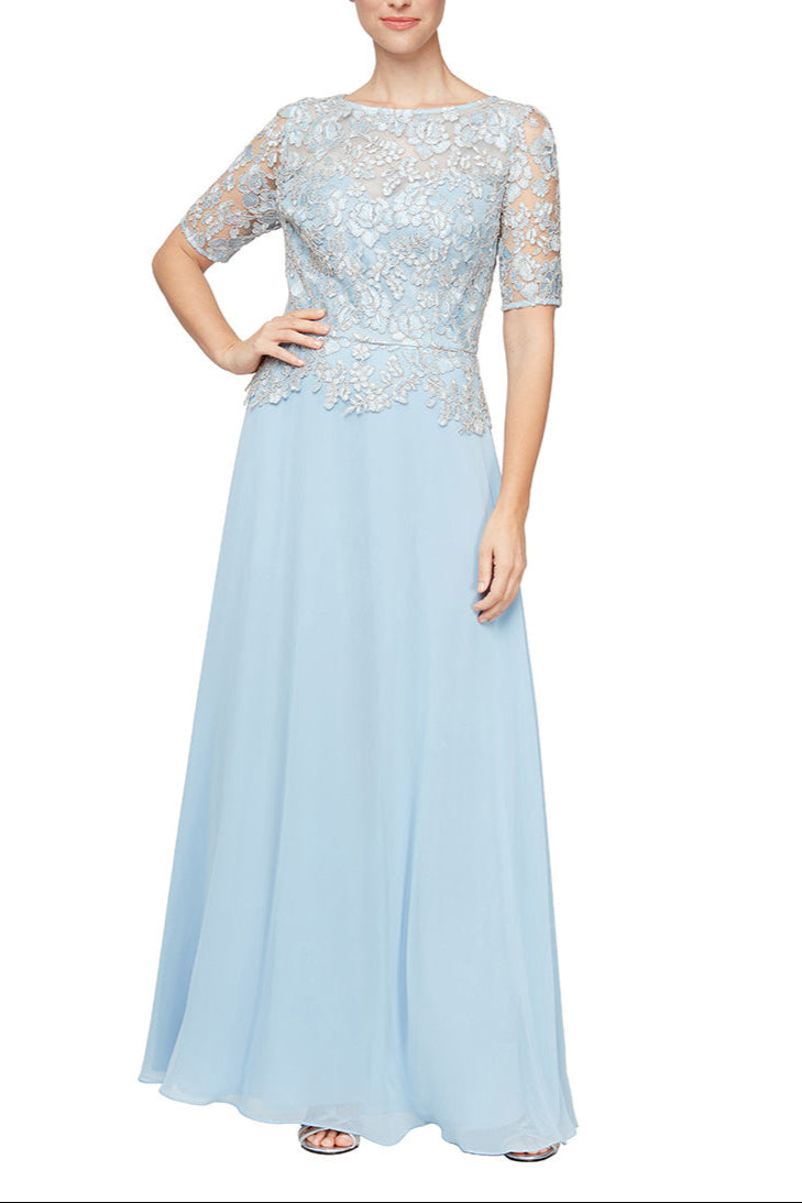 Alex Evening Embroidered Illusion Boat Neck Short Sleeve Zipper Back Chiffon Gown - LIGHT BLUE - Front