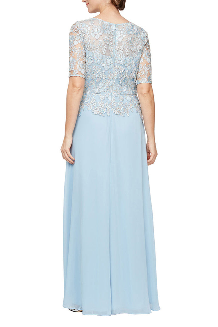 Alex Evening Embroidered Illusion Boat Neck Short Sleeve Zipper Back Chiffon Gown - LIGHT BLUE - Back