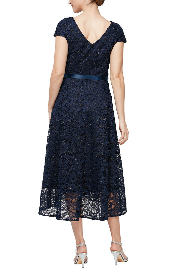 Alex Evenings V-Neck Cap Sleeve Tie Waist A-Line Lace Dress - NAVY - Back