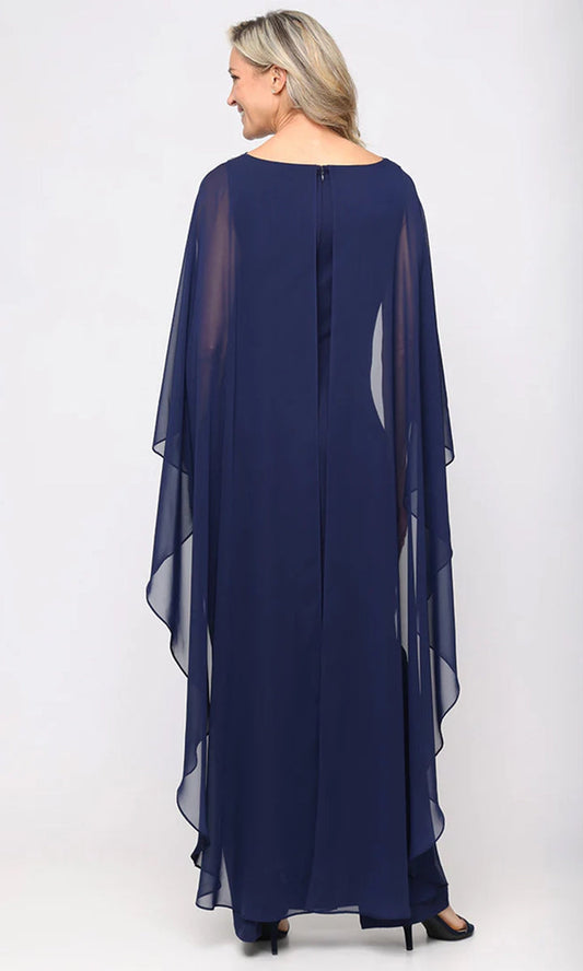 Wholesale Long Stretch Crepe Column Dress with Heat Set Illusion Neckline and Dramatic Chiffon Ca Alex Evenings 8460591