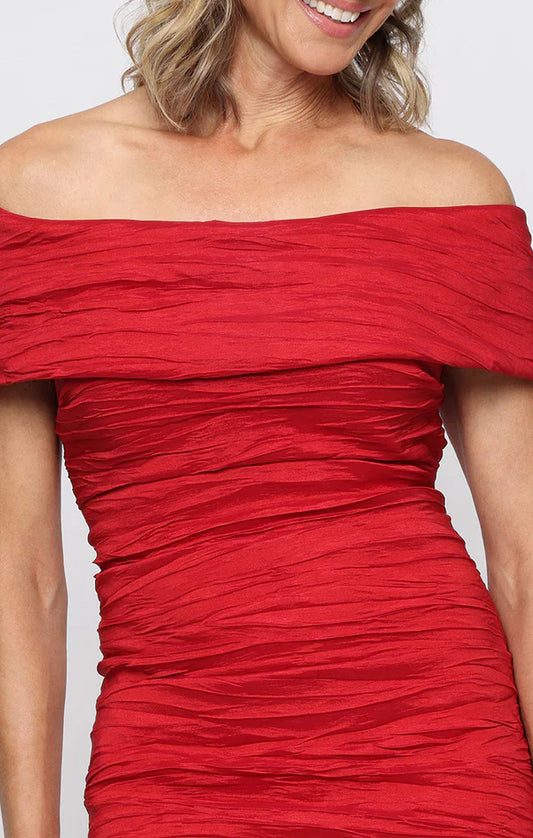 Red Off-the-Shoulder Floor-Length Pleated Taffeta Formal Evening Sheath Gown Alex Evenings 8166731