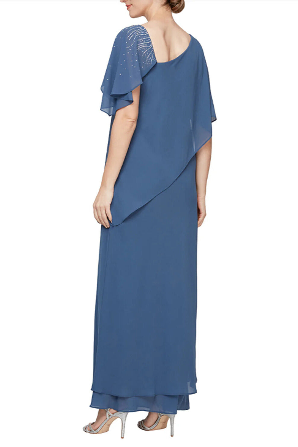 Alex Evenings Chiffon Long Overlay Asymmetric L-Neckline Bodice Dress - WEDGEWOOD - Back