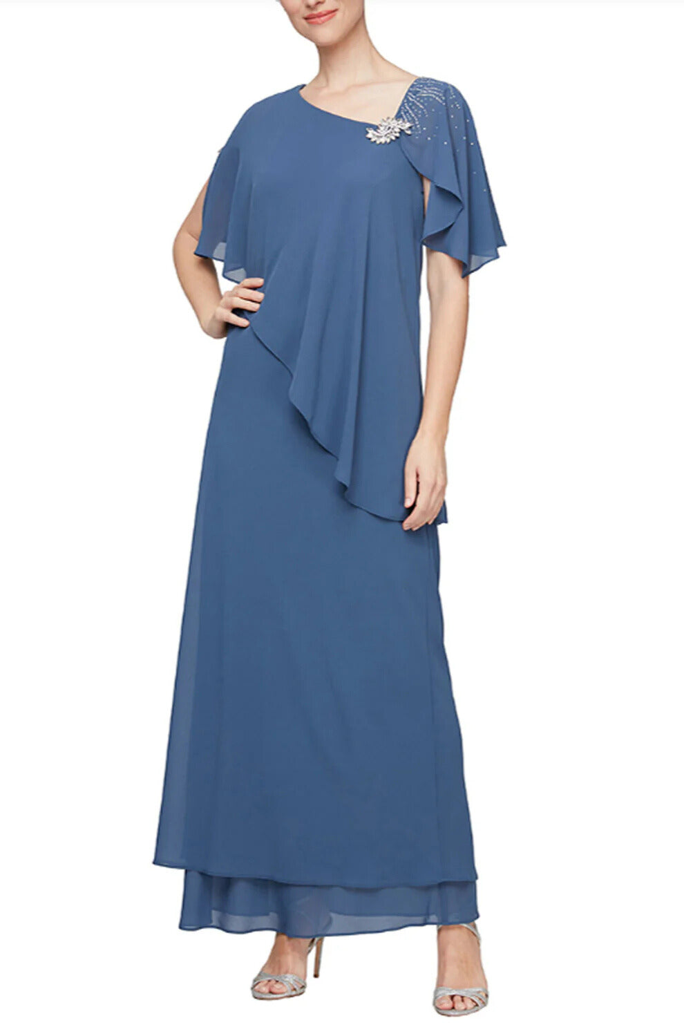 Alex Evenings Chiffon Long Overlay Asymmetric L-Neckline Bodice Dress - WEDGEWOOD - Front
