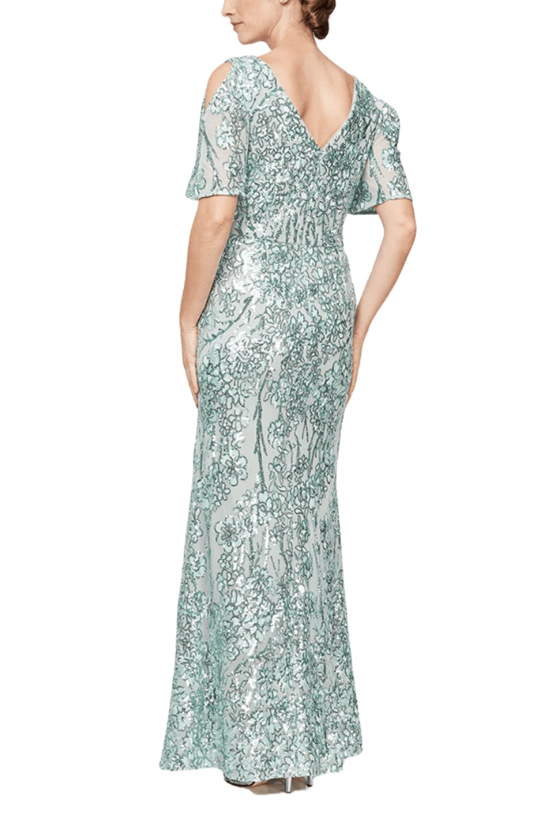 Alex Evenings V-Neck Cold Shoulder Short Flutter Sleeves V-Back Zipper Closure Shimmering Sequin Floor Length Silhouette Gown Dress - ICE SAGE - Back