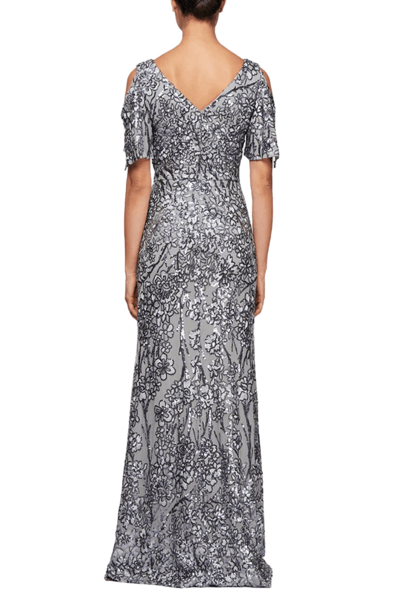 Alex Evenings V-Neck Cold Shoulder Short Flutter Sleeves V-Back Zipper Closure Shimmering Sequin Floor Length Silhouette Gown Dress - SILVER - Back